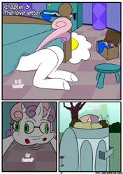 Size: 1226x1742 | Tagged: anatomically incorrect, anthro, artist:otakon, casual nudity, comic, comic:the belle and the fat, derpibooru import, incorrect leg anatomy, looking, love letter, nudity, patreon, solo, suggestive, sweetie belle, sweetie butt