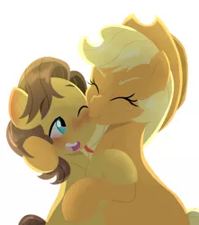 Size: 3000x3400 | Tagged: safe, artist:marukouhai, derpibooru import, applejack, caramel, earth pony, pony, bipedal, blushing, carabetes, carajack, cute, eyes closed, female, hug, jackabetes, kiss on the cheek, kissing, kissy face, male, mare, nose wrinkle, one eye closed, rearing, shipping, simple background, sitting, size difference, smiling, stallion, straight, white background, wink