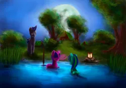 Size: 1800x1260 | Tagged: dead source, safe, artist:nettrip, derpibooru import, twilight sparkle, oc, bat pony, pony, bathing, brush, image, lantern, night, park, png, pond, scenery, tree, water