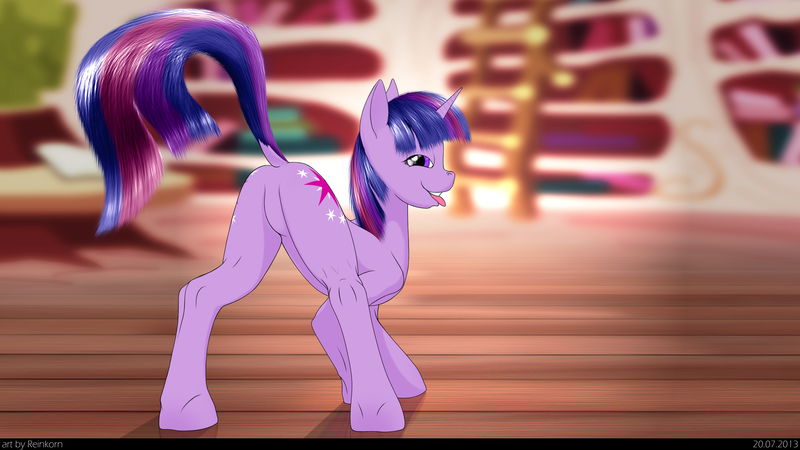 Size: 5760x3240 | Tagged: suggestive, artist:reinkorn, derpibooru import, twilight sparkle, :p, ass up, bedroom eyes, contrast, dock, featureless crotch, female, library, looking at you, looking back, normal eyes, plot, presenting, raised tail, smiling, solo, solo female, tail, texture, tongue out