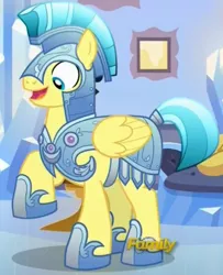 Size: 398x489 | Tagged: safe, derpibooru import, screencap, crystal pony, pegasus, pony, the times they are a changeling, armor, cropped, crystal guard, crystal guard armor, helmet, hoof shoes, male, royal guard, solo, stallion