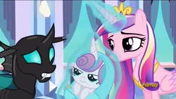 Size: 1920x1080 | Tagged: safe, derpibooru import, screencap, princess cadance, princess flurry heart, thorax, changeling, pony, the times they are a changeling, baby, baby blanket, baby pony, blanket, faic, magic, safety pin, swaddling