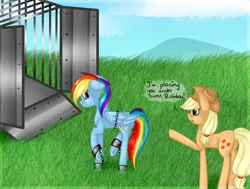 Size: 1962x1485 | Tagged: applejack, arrested, artist:pralina157, bound wings, cage, chains, cuffs, derpibooru import, prisoner rd, rainbow dash, safe, shackles