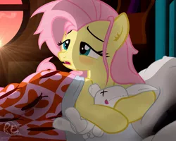 Size: 2000x1600 | Tagged: safe, artist:ponyecho, derpibooru import, part of a set, fluttershy, pegasus, pony, bed, bed hair, blanket, blushing, crepuscular rays, cute, ear fluff, female, holding, lidded eyes, mare, messy mane, morning ponies, open mouth, pillow, plushie, ponyecho is trying to murder us, show accurate, shyabetes, sleepy, solo, stray strand, sunrise, sweet dreams fuel, window