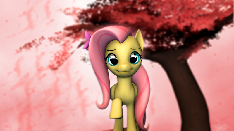 Size: 2500x1406 | Tagged: 3d, artist:yellencandy, cherry blossoms, cute, derpibooru import, fluttershy, looking at you, raised hoof, safe, shyabetes, solo, source filmmaker