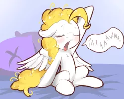 Size: 1280x1024 | Tagged: artist:fearingfun, bed, blushing, derpibooru import, dialogue, messy mane, pillow, safe, solo, stretching, surprise, yawn