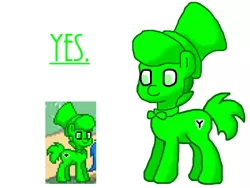 Size: 800x600 | Tagged: safe, artist:barbra, derpibooru import, oc, oc:nope, oc:yes, unofficial characters only, earth pony, pony, pony town, cropped, hat, male, necktie, simple background, smiling, solo, stallion, text, top hat, white background, y