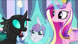 Size: 1920x1080 | Tagged: safe, derpibooru import, screencap, princess cadance, princess flurry heart, thorax, changeling, pony, the times they are a changeling, baby, baby blanket, baby pony, cute, dawwww, discovery family logo, safety pin, swaddling