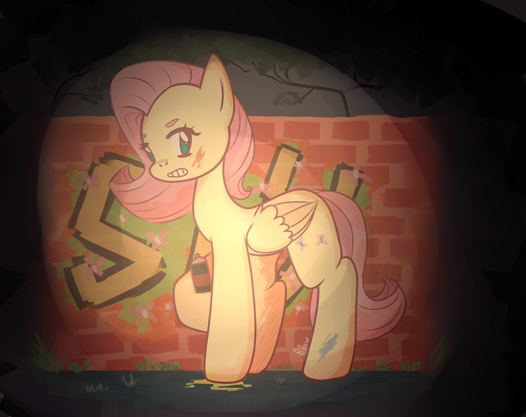 Size: 1831x1453 | Tagged: artist:pillow9, derpibooru import, fluttershy, folded wings, graffiti, grin, holding, looking at you, safe, smiling, solo, spotlight, spray paint, standing, wall