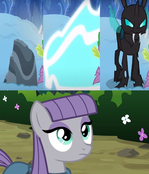 Size: 1276x1488 | Tagged: changeling, crack shipping, cute, derpibooru import, edit, edited screencap, maud pie, maudrax, rock, safe, screencap, shapeshifting, shipping, spike, the times they are a changeling, thorax