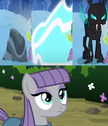 Size: 1276x1488 | Tagged: changeling, crack shipping, cute, derpibooru import, edit, edited screencap, maud pie, maudrax, rock, safe, screencap, shapeshifting, shipping, spike, the times they are a changeling, thorax