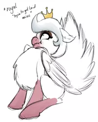 Size: 1784x2215 | Tagged: safe, artist:otpl, derpibooru import, oc, unofficial characters only, bird pone, pegasus, pony, :t, behaving like a bird, birb, chest fluff, crown, descriptive noise, floppy ears, horse noises, impossibly large chest fluff, jewelry, meme, peacocking, regalia, scrunchy face, simple background, sitting, solo, wavy mouth, white background, wide eyes