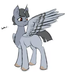 Size: 2401x2610 | Tagged: safe, artist:otpl, derpibooru import, oc, oc:peep, unofficial characters only, alicorn, bird pone, pony, confused, frown, lidded eyes, looking back, raised eyebrow, simple background, solo, spread wings, white background