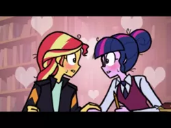 Size: 480x360 | Tagged: safe, artist:crydius, derpibooru import, sci-twi, sunset shimmer, twilight sparkle, equestria girls, blushing, blushing profusely, clothes, fandub, female, heart, holding hands, lesbian, library, looking at each other, scitwishimmer, shipping, sunsetsparkle, sweat, sweatdrop