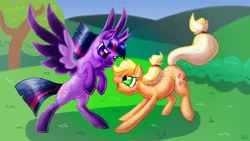 Size: 800x450 | Tagged: safe, artist:sallindaemon, derpibooru import, applejack, twilight sparkle, twilight sparkle (alicorn), alicorn, pony, alternate design, colored wings, colored wingtips, cute, dappled, eye contact, freckles, glare, looking at each other, open mouth, rearing, smirk, spread wings