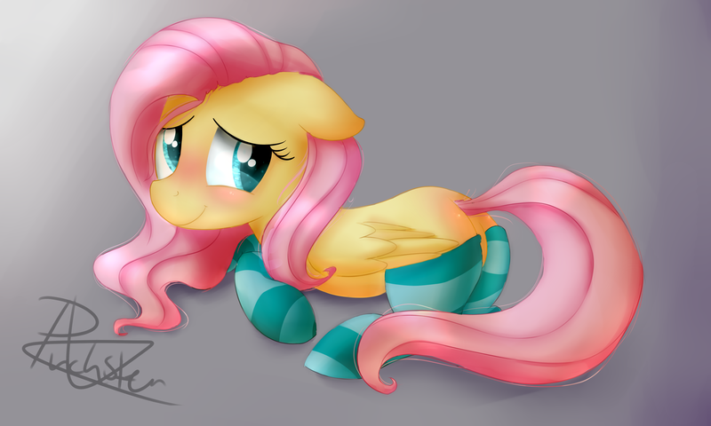 Size: 4892x2936 | Tagged: artist:pucksterv, blushing, clothes, cute, derpibooru import, floppy ears, flutterbutt, fluttershy, folded wings, gradient background, looking at you, plot, prone, safe, shyabetes, smiling, socks, solo, striped socks