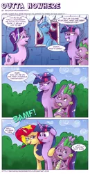 Size: 956x1837 | Tagged: safe, artist:saturdaymorningproj, derpibooru import, spike, starlight glimmer, sunset shimmer, trixie, twilight sparkle, twilight sparkle (alicorn), alicorn, dragon, pony, unicorn, to where and back again, annoyed, bamf, blushing, comic, crossed arms, dialogue, female, floppy ears, frown, grin, hug, leaning, lesbian, lidded eyes, mare, open mouth, shipping, smiling, smirk, smug, sunsetsparkle, teleportation, twilight's counterparts, wide eyes