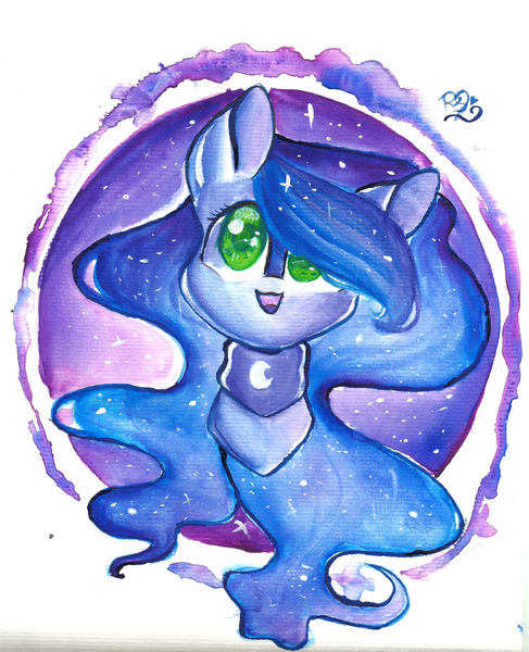 Size: 1630x2008 | Tagged: safe, artist:prettyshinegp, derpibooru import, princess luna, alicorn, pony, bust, colored pupils, cute, ethereal mane, female, image, looking up, mare, missing horn, open mouth, peytral, png, portrait, signature, smiling, solo, starry mane, traditional art, watercolor painting