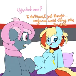 Size: 1280x1280 | Tagged: suggestive, artist:victoreach, derpibooru import, oc, oc:honey wound, oc:juicy dream, unofficial characters only, earth pony, pony, bed, blushing, collar, dialogue, female, females only, floppy ears, lesbian, mare, open mouth, shipping, sitting