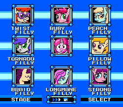 Size: 256x224 | Tagged: animated, artist needed, boop, boysenberry, bubblegum brush, derpibooru import, female, filly, gif, lily longsocks, megaman, /mlp/, mlpg, noi, oc, oc:marker pony, parody, peach fuzz, pixel art, ruby pinch, safe, solo, stage select, tornado bolt, twist, unofficial characters only, video game