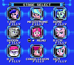 Size: 256x224 | Tagged: animated, aquamarine, artist needed, boop, derpibooru import, diamond tiara, female, filly, gif, little red, megaman, mlpg, oc, oc:marker pony, parody, petunia paleo, pixel art, plumberry, safe, silver spoon, solo, stage select, strawberry parchment, sugar stix, unofficial characters only, video game