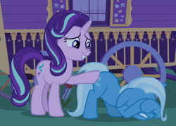 Size: 708x506 | Tagged: safe, derpibooru import, screencap, starlight glimmer, trixie, pony, unicorn, to where and back again, animated, butt touch, comforting, covering eyes, covering face, face down ass up, female, frightened, gif, grin, hoof on butt, loop, mare, open mouth, patting, scared, shaking, shivering, smiling