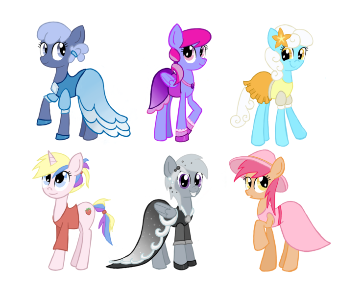 Size: 3150x2550 | Tagged: safe, artist:thecheeseburger, derpibooru import, chilly puddle, holly dash, serena, silverspeed, starsong, tropical spring, earth pony, pegasus, pony, unicorn, background pony, clothes, dress, simple background, white background