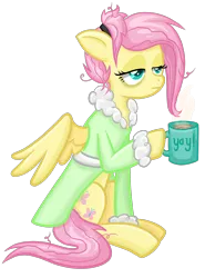 Size: 1656x2232 | Tagged: safe, artist:thecheeseburger, derpibooru import, fluttershy, pegasus, pony, bathrobe, bed mane, clothes, coffee, coffee mug, cup, hairclip, hoof hold, lidded eyes, morning ponies, mug, robe, simple background, sitting, solo, tired, transparent background, yay