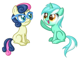 Size: 2952x2232 | Tagged: safe, artist:thecheeseburger, derpibooru import, bon bon, lyra heartstrings, sweetie drops, earth pony, pony, unicorn, blank flank, colored pupils, duo, eye contact, filly, glasses, looking at each other, open mouth, raised eyebrow, raised hoof, simple background, sitting, smiling, transparent background, twisted bon bon, younger