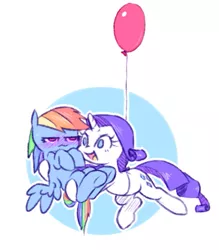 Size: 521x596 | Tagged: safe, artist:raridashdoodles, derpibooru import, rainbow dash, rarity, pegasus, pony, unicorn, balloon, blushing, carrying, female, lesbian, mare, open mouth, raridash, shipping, smiling