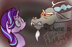 Size: 1645x1080 | Tagged: safe, artist:coolpup126, derpibooru import, discord, starlight glimmer, draconequus, pony, unicorn, to where and back again, angry, bust, dialogue, duo, gritted teeth, image, jpeg, looking at each other, red eyes, red eyes take warning, scene interpretation, simple background