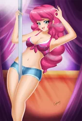 Size: 754x1114 | Tagged: armpits, artist:thebrokencog, belly button, blushing, breasts, busty pinkie pie, canterlot club, cleavage, clothes, daisy dukes, derpibooru import, female, folio, front knot midriff, human, humanized, legs, midriff, open mouth, pinkie pie, pole dancing, sexy, shorts, signature, solo, solo female, spotlight, strip club, stripper pole, stupid sexy pinkie, suggestive, thighs