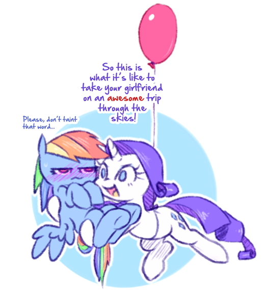 Size: 593x679 | Tagged: safe, artist:raridashdoodles, derpibooru import, rainbow dash, rarity, pegasus, pony, unicorn, balloon, blushing, carrying, dialogue, female, floating, lesbian, mare, open mouth, raridash, shipping, simple background, sky, white background