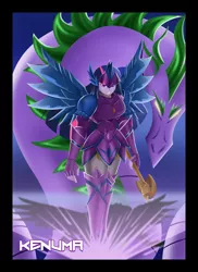 Size: 2362x3244 | Tagged: safe, artist:kenuma, derpibooru import, spike, twilight sparkle, dragon, equestria girls, armor, badass, prosthetic wing, scepter, twilight scepter