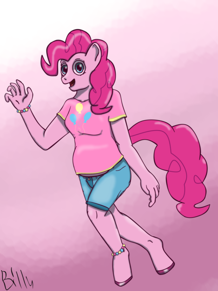 Size: 1600x2133 | Tagged: anklet, anthro, artist:mcsplosion, bracelet, chubby, clothes, daisy dukes, derpibooru import, digital art, gradient background, jewelry, pinkie pie, safe, shirt, shorts, solo, t-shirt, unguligrade anthro