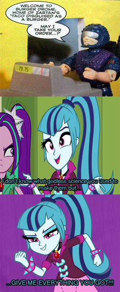 Size: 412x1000 | Tagged: safe, derpibooru import, edit, edited screencap, screencap, aria blaze, sonata dusk, cobra, equestria girls, rainbow rocks, action figure, crossover, food, g.i. joe, screencap comic, sonataco, taco, tele-viper, toyfare, twisted toyfare theater, zartan