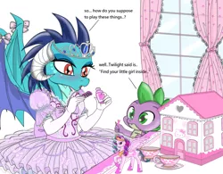 Size: 3200x2500 | Tagged: artist:avchonline, ballerina, blushing, bow, butterfly, canterlot royal ballet academy, claws, clothes, comb, curtain, derpibooru import, dollhouse, dragon, dragoness, dragon wings, dress, engrish, evening gloves, fangs, female, gloves, hello kitty, horns, jewelry, lace, male, open mouth, pinklestia, playing, princess celestia, princess ember, ribbon, safe, sanrio, spike, teacup, tiara, tomboy taming, toy, tutu, window, wings, wrong cutie mark