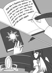 Size: 1280x1802 | Tagged: safe, artist:jonfawkes, derpibooru import, twilight sparkle, series:nightmare war, equestria girls, black and white, comic, grayscale, journal, monochrome, portal, quill, winged humanization