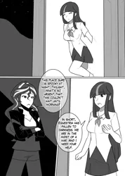 Size: 1280x1802 | Tagged: safe, artist:jonfawkes, derpibooru import, sunset shimmer, twilight sparkle, series:nightmare war, equestria girls, black and white, comic, dialogue, grayscale, monochrome, portal, speech bubble