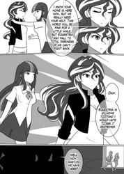 Size: 1280x1802 | Tagged: safe, artist:jonfawkes, derpibooru import, sunset shimmer, twilight sparkle, series:nightmare war, equestria girls, black and white, comic, dialogue, grayscale, monochrome, speech bubble