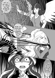 Size: 1280x1802 | Tagged: adagio dazzle, artist:jonfawkes, black and white, comic, derpibooru import, dialogue, grayscale, human, humanized, magic, magic circle, monochrome, safe, series:nightmare war, speech bubble, sunset shimmer, twilight sparkle, twilight sparkle (alicorn)