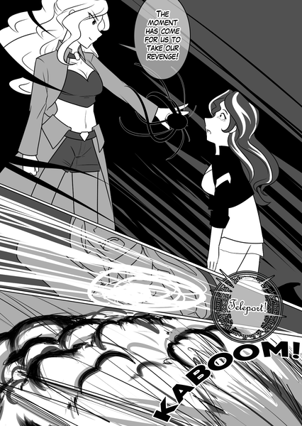 Size: 1280x1802 | Tagged: adagio dazzle, artist:jonfawkes, black and white, comic, derpibooru import, dialogue, explosion, grayscale, human, humanized, monochrome, safe, series:nightmare war, speech bubble, sunset shimmer