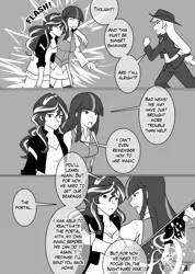 Size: 1280x1802 | Tagged: applejack, artist:jonfawkes, black and white, comic, derpibooru import, dialogue, grayscale, human, humanized, monochrome, safe, series:nightmare war, speech bubble, sunset shimmer, twilight sparkle, twilight sparkle (alicorn)