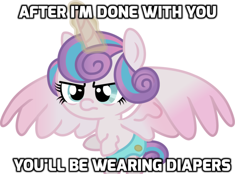 Size: 1186x880 | Tagged: angry, artist:andrevus, baby, derpibooru import, diaper, flying, frown, glare, glowing horn, image macro, magic, meme, princess flurry heart, safe, simple background, solo, spread wings, to where and back again, unamused