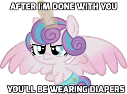 Size: 1186x880 | Tagged: angry, artist:andrevus, baby, derpibooru import, diaper, flying, frown, glare, glowing horn, image macro, magic, meme, princess flurry heart, safe, simple background, solo, spread wings, to where and back again, unamused