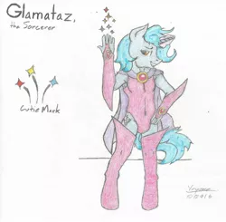 Size: 1473x1445 | Tagged: safe, artist:vesperce, derpibooru import, oc, oc:glamataz, unofficial characters only, anthro, unguligrade anthro, unicorn, cape, clothes, crossdressing, cutie mark, evening gloves, fantasy class, fingerless elbow gloves, fingerless gloves, gloves, leggings, leotard, solo, sorcerer, sparkles, traditional art