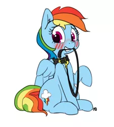 Size: 1280x1424 | Tagged: suggestive, artist:pabbley, derpibooru import, rainbow dash, blushing, collar, cute, dashabetes, female, leash, mouth hold, pet play, pet-dash, solo, solo female