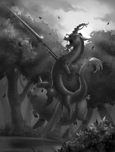 Size: 1000x1324 | Tagged: artist:maaronn, derpibooru import, discord, flying pig, forest, grayscale, lance, leaves, monochrome, pig, pigasus, safe, solo, to where and back again, weapon