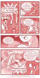 Size: 800x1555 | Tagged: applejack, artist:vavacung, blushing, bondage, comic, comic:chaos future, derpibooru import, monochrome, mouth hold, nightmare rarity, oc, oc:little aj, offspring, parent:applejack, parents:canon x oc, parent:unnamed oc, safe, shibari, suspended, sword, tied up, weapon