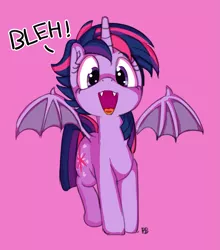 Size: 1737x1971 | Tagged: safe, artist:pabbley, derpibooru import, twilight sparkle, twilight sparkle (alicorn), alicorn, bat pony, bat pony alicorn, pony, vampire, vampony, alternate hairstyle, bat ponified, bleh, cute, cute little fangs, fangs, female, looking at you, mare, open mouth, punklight sparkle, race swap, simple background, smiling, solo, spread wings, story in the source, twiabetes, twibat